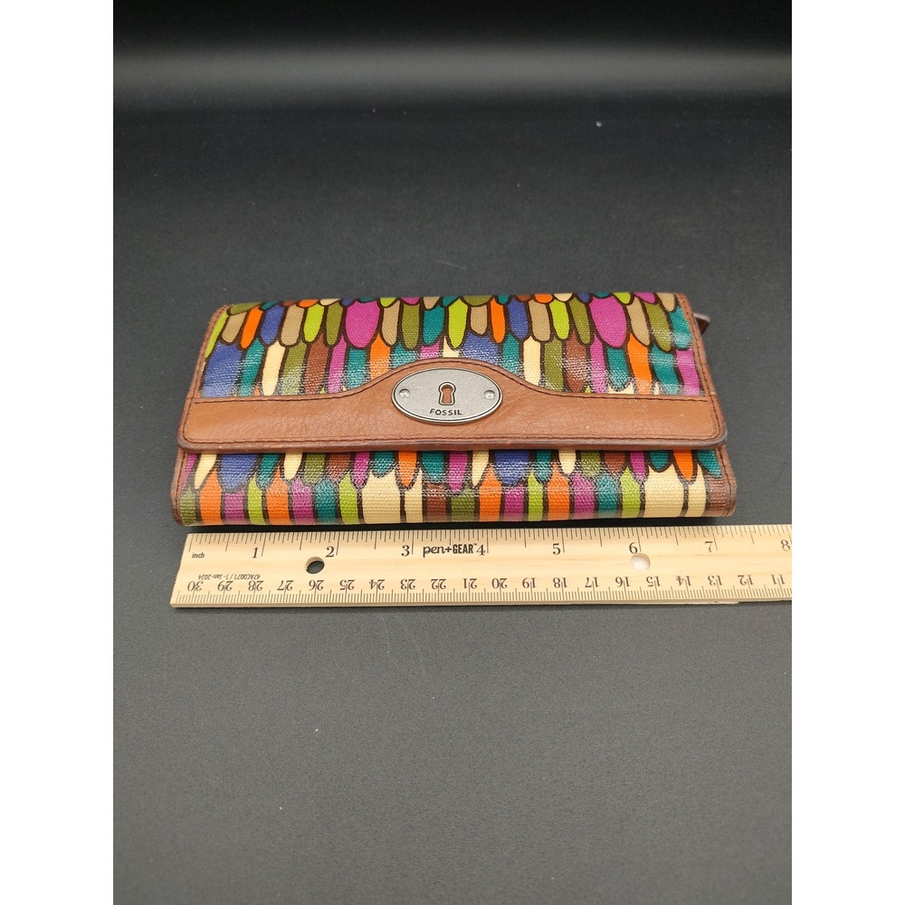 Fossil Key-Per Trifold Wallet Multicolor Abstract Teardrop Leather Trim Brown - Picture 4 of 11